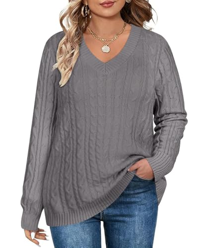 Image of TIYOMI Plus Size Sweaters for Women 2025 Long Sleeve Pullover Sweaters V Neck Casual Fall Tops Loose Winter Knit Sweater