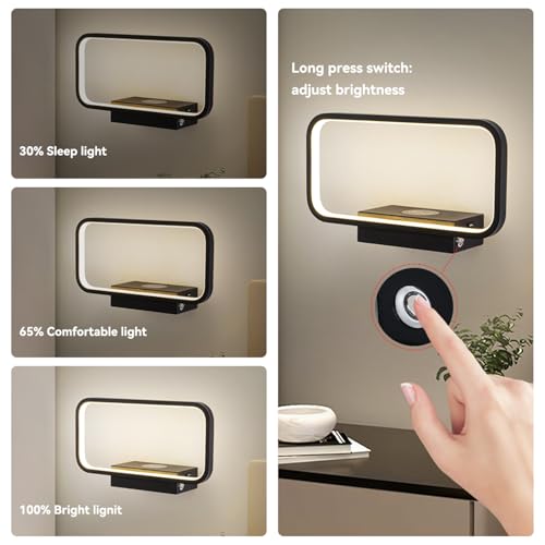 Lámpara de pared LED moderna negra con interruptor y puerto USB de carga 6