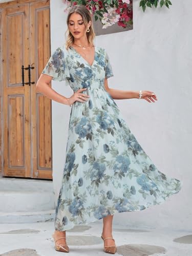 Image of Simplee Women's Boho Floral Maxi Dress Flowy Casual V Neck Short Sleeve Wedding Guest Holiday Beach Long Dress