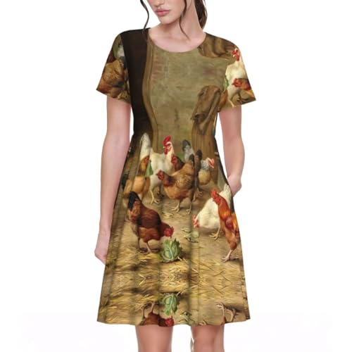 EdWal Roast Chicken Hen Farm Print - Vestido de verano para mujer, manga corta, cuello redondo, acampanado, vestido midi de verano, Negro, XXL