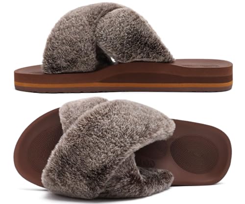 Image of COFACE Womens Fuzzy Slides Fluff Faux Fur Cross Slippers Open Toe Yoga Mat House Slipper Sandals With Arch Support For Indoor /Outdoor