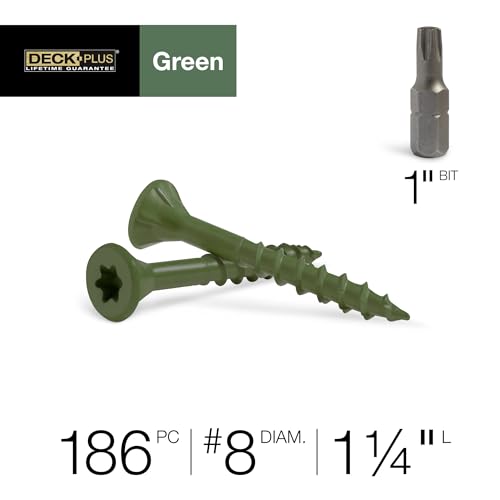 Image of Deck Plus 1-1 /4 Inch Epoxy Coated Exterior Wood and Fence Screws #8 x 1-1 /4 inch Torx /Star Drive Included Coarse Thread, Outdoor Rust Resistant Decking Screw, Green, 1lb Box, 186 Pieces | 48396