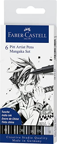 FABER-CASTELL 167124 - Set de stylos à encre Mangaka, étui de 6 stylos, pointes fines, pinceaux souples et calligraphie souple en noir et gris froid