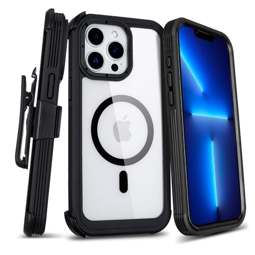 Defender for Clear iPhone 13 Pro Max Case with Belt Clip Holster Compatible with MagSafe Anti-Yellowing Full-Body Phone Cover for iPhone 13 Pro Max Case (Clear & Black)