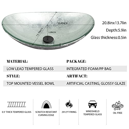 Klincair Vessel Sink Artistic Tempered Glass Vessel Sinks Basin Bowl Set | Top Mount Bathroom Sinks Above Counter With Matte Black Waterfall Faucet And Pop-Up Drain Combo (Oval Silver) #TOP5