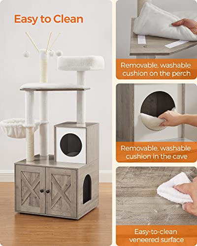 Image of Feandrea Cat Tree with Litter Box Enclosure, 59-Inch Modern Cat Tower | 2-In-1 Condo with Scratching Posts, Washable Removable Cushion, Greige UPCT113G01
