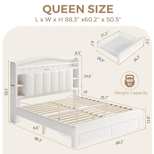 Image of Queen Size LED Bed Frame with Storage Headboard, Upholstered Velvet Wood Princess Bed for Girls with 5 Charging Ports (USB-C & AC), Hidden Compartment, Sturdy Aluminum Frame & 2 Silent Drawers Beige