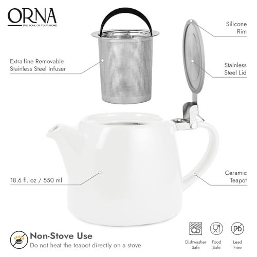 ORNA Ceramic Teapot with Tea Infuser – Small Tea Pot for Loose Leaf Tea – 550ml / 18.6 Oz Porcelain Non-Stove Teapot for 2 Cups with Tea Strainer (White) by ORNA THE SOUL OF YOUR HOME - Used condition - Image 2