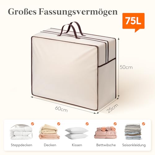 Lifewit 75L Aufbewahrungstasche mit Verstärkten Griffen, 3 Stück Kleidung, Atmungsaktive, XXL Bettdecken Aufbewahrung mit 2 Reißverschluss, Aufbewahrung für Kissen, Bettwäsche & Decken