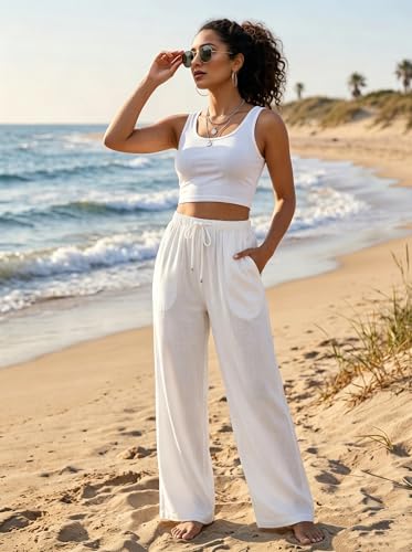 Image of Linen Pants for Women Flowy Palazzo Pants Boho High Waist Wide Leg Trousers Summer Beach Vacation Outfits 2026