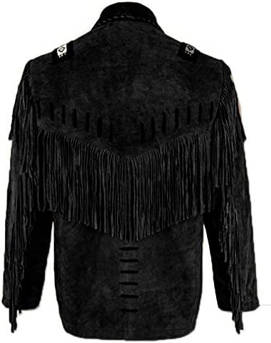 Image of Mens Traditional Western Cowboy Suede Leather Jacket | Classic Native American jacket Coat with Beaded Fringed