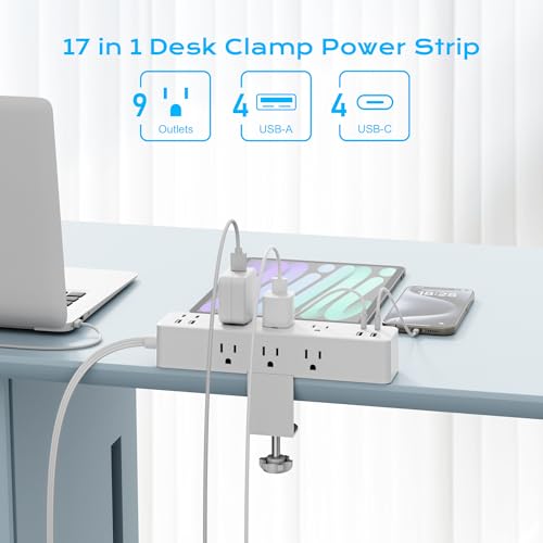 Image of Flat Plug Desk Clamp Power Strip 10FT, 40W Total Fast Charging Station, 2 PD20W USB C Ports, Desk Edge Mount Power Strip 9 AC Outlets 8 USB Ports Surge Protector, Fit 1.7 inch Tabletop Edge, White