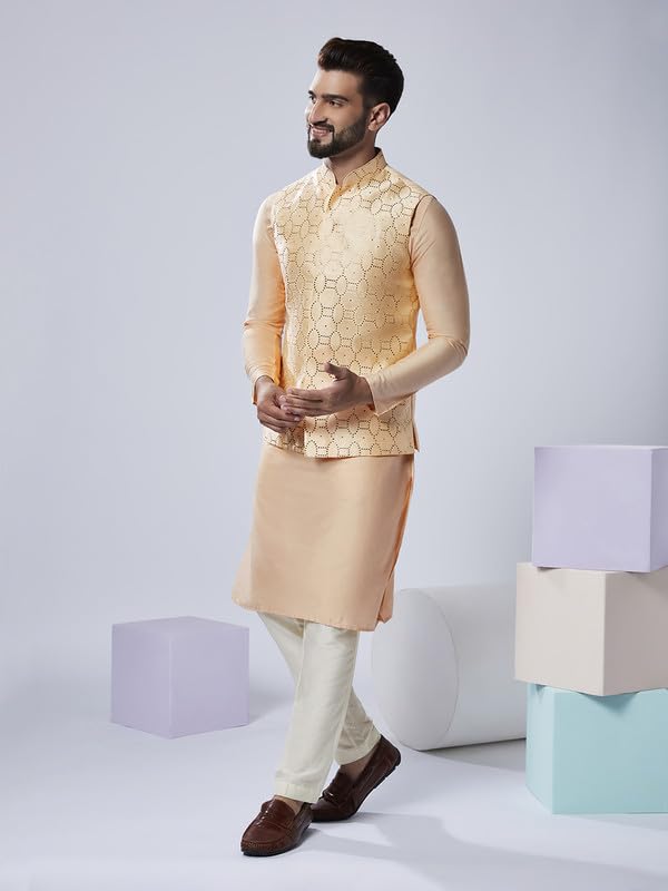 Image of KISAH Men Printed Kurta Jacket Set, Full Sleaves, Knee Length, Straight, Regular Fit, Mandarin Collar Ethnic Wear