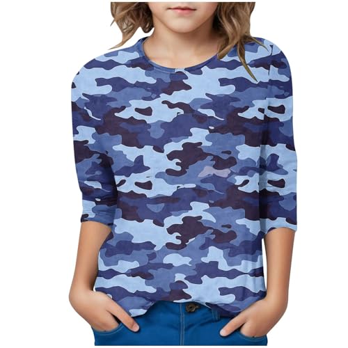 Girls 3/4 Sleeve Camo Shirts Camouflage Graphic T-Shirts Fall Cotton Tshirts Basic Tees Tops 3-12 Years3