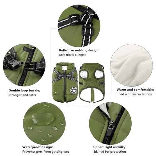 Aiboria Hundejacken für den Winter Winddicht Wasserdicht 2 in 1 Outfit Kaltwettermantel Hundewestengeschirr Welpen Winter Warme Jacke Kleines Grün S