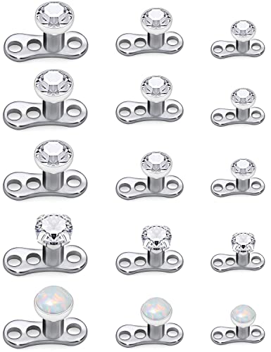 Ocptiy 14G Titanium Dermal Piercing Jewelry - Hypoallergenic Base & Top - Internally Threaded Clear CZ Opal Crystal Top - 15PCS