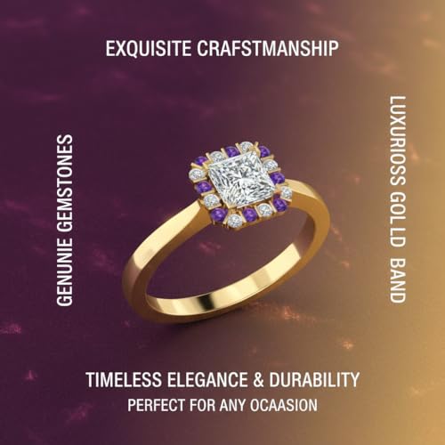 Image of Choose Your Gemstone Floating Halo Diamond CZ Ring Yellow Gold Plated Princess Shape Halo Engagement Rings Everyday Jewelry Wedding Jewelry Handmade Gifts for Wife US Size 4 to 12