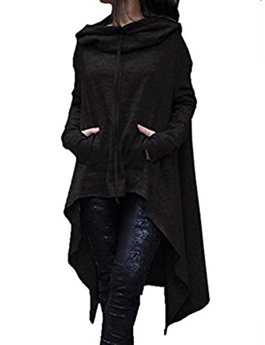 HHLJ Womens Long Sleeve Irregular Maxi Solid Color Hooded Sweatshirts Blouse Top Dress w/Pocket (Black, S)