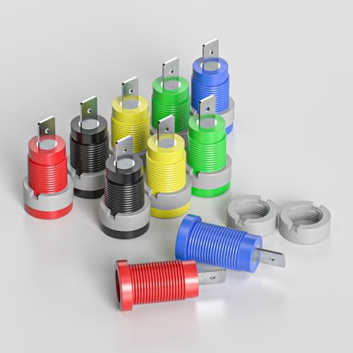 Image of Goupchn 4mm Banana Female Jack Panel Mount Socket Copper Nickel Plated 32A | 10PCS Five Colors PA Threaded, Copper Nickel Plated Tab (9mm /4mm hole) 32A 600V, Twist-lock Secure.