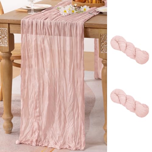 Image of MLMC 2 Pack Pink Table Runner Boho Cheesecloth Table Runner 10ft Rustic Dusty Pink Gauze Cheese Cloth Centerpiece Decor 35x120 Inches for Wedding Bridal Shower Birthday Party