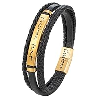Personalized Stacked Black Leather Bracelets with an Engraved Bar, Stainless Steel Braided Engraved ID and Black Wristbands, Customized for Men and Women with Name Engraving, Cuff Bangle Mens Gifts