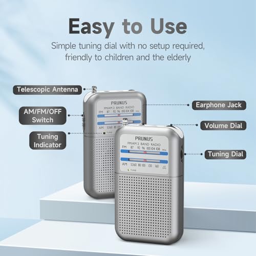 Image of PRUNUS DE333 Pocket AM FM Radio Portable, Mini Transistor Radio with Excellent Reception, Tuning Knob with Signal Indicator, AAA Battery Operated for ICE Storms Emergency Use