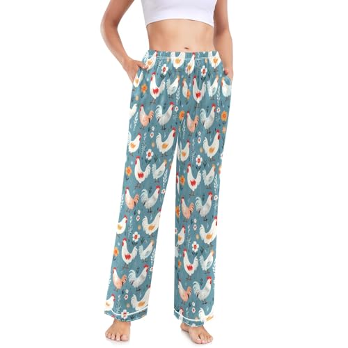 Pyjamahose für Damen, Motiv: Huhn mit Blume, lässig, weites Bein, Pyjamahose mit Taschen, Nachtwäsche, mehrfarbig, 38