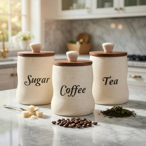 Image of Ceramic Tea Coffee Sugar Containers Set of 3 with Wooden Lids | Jar & Container for Kitchen Storage Set | Multi Utility Air Tight Kitchen Organizer Items (Hand-Painted, 330 ML)