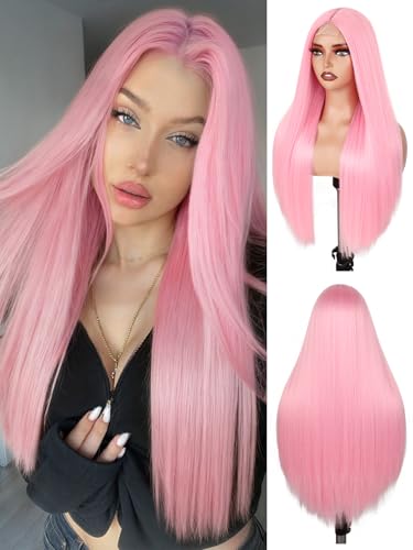FAVE 65 cm Hellrosa Perücke Hitzebeständige Synthetik-Perücke für Damen mit Mittelscheitel Natürlich Aussehende Lange Perücke für Party Alltag & Cosplay