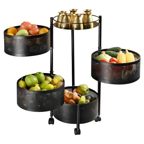 Image of KITCHIVO Kitchen Storage Rack | Revolving Vegetable Rack | Square Multipurpose Storage Trolley with Wheels | Metal Fruit Rack (Black Round, 4 Layer)