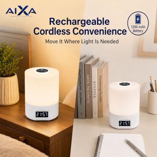 Image of AIXA Rechargeable Bedside Lamp with Clock, Touch Remote, 3 Light Modes
