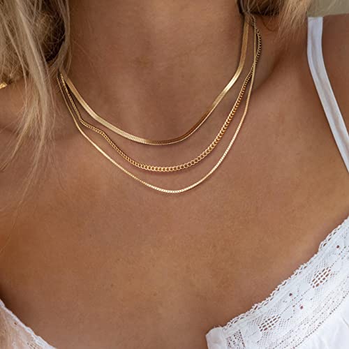 Image of Freekiss Layered Necklace Set for Women Stackable | Herringbone Snake Cuban Rope Chain, Dainty Choker, Layered Stackable, Non Tarnish, Hypoallergenic, Adjustable 14-18.5 inch