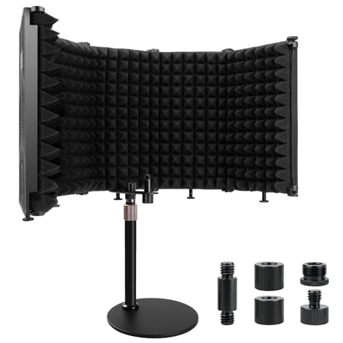 Rigych Microphone Isolation Shield with Mic Stand, Sound Proof Mic Isolation Shield, High Density Absorbent Foam Microphone Stand for Recording Studio Vocal Booth Equipment, 5 Panels