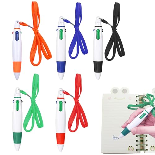 5 Pcs Multicolor Ballpoint Pen Retractable Shuttle Pens with Neck Lanyard Retractable Shuttle Pen Portable 4-in-1 Ballpoint Pens Multicolor Pens for Office School Supplies Students Gifts Party