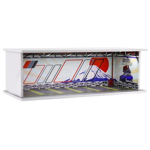 G-FANS 1/64 Scale Hot die-cast Wheels Model car scenarios Display case with LED Light and Acrylic Cover, Scenes Parking lot Diorama Storage Garage Box with 6 Parking Spaces (Fuji)