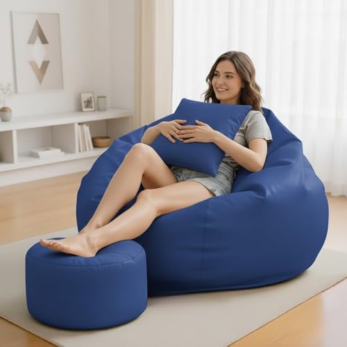 Image of Biggie Bean Bag with Beans Filled 6XL Bean Bag Sofa with Free Cushion & Footrest - Official : BeanLounger Combo (Matching Color : Regular, Blue)