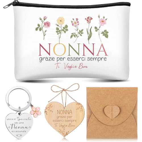 Xuniea 5er Set Geschenk für Oma 1 Kosmetiktasche 1 Blumen Schlüsselanhänger 1 Holzherz 1 Schnur 1 Umschlag Geschenkideen für Oma zum Geburtstag von Enkelkindern zu Weihnachten Silvester Großmuttertag