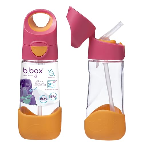 Image of b.box Tritan Straw Kids Water Bottle 450ml | School Bottle for Kids, BPA Free Straw Bottle | Leak Proof Bottle for Travel | Easy Grip Triangular Design & Handle | Pink Orange