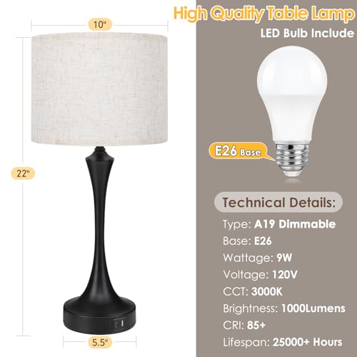 Ggoying PYF-XMYTL01-BK-2 22 Inch Touch Control Table Lamp Set Of 2, 3 Way Dimmable Nightstand Lamp With Usb A+C Ports, 3000K Led Bulbs, Fabric Lampshade Bedside Lamp thumb #4
