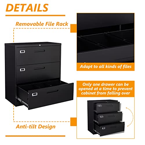 Stani Lateral File Cabinet With Lock, 3 Drawer Metal Filing Cabinet, Lateral Filing Cabinet With Lock For Home Office, Locking Metal Steel Wide File Cabinet For Legal/Letter A4 Size #TOP5
