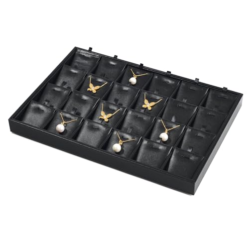 24 Grids Leather Necklace Tray Jewelry Display Tray for Drawers With Removable Jewellery Cards Necklace Pendant Tray (Black)