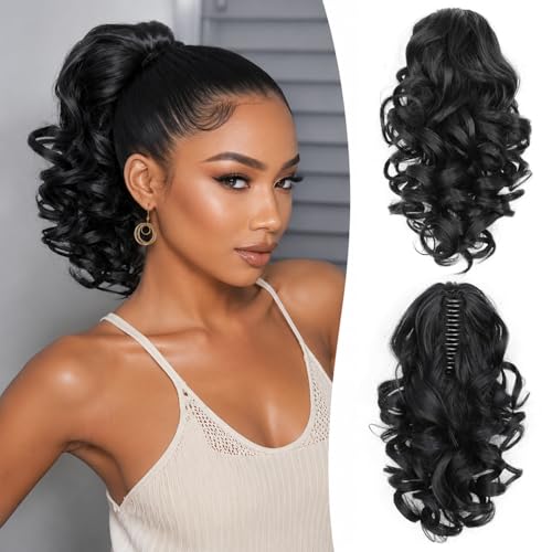 12" Black Soft Wavy Claw Clip Ponytail