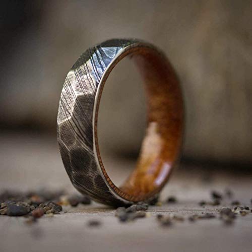 Ke-219-At Damascus Steel Ring Custom Handmade Damascus Ring Damascus Steel Hammer Textured Wood Inner Anniversary Ring Wedding Band Fathers Day Ring Damascus Ring Wedding Band Rings For Men (10) #TOP1