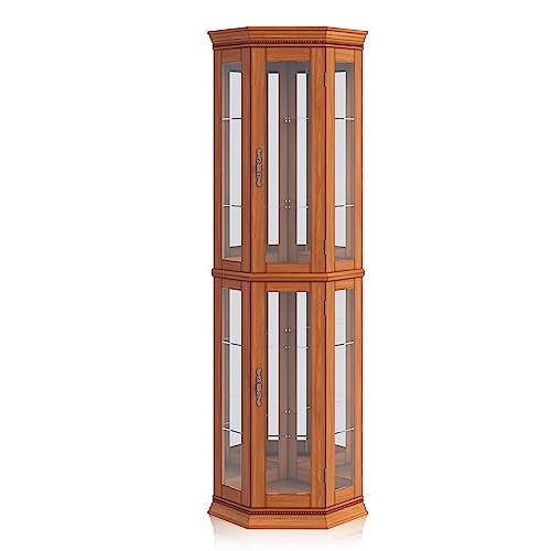 Image of BELLEZE Lighted 3-Side Glass Display Curio Cabinet w /Tempered Glass Doors and Shelves, Accent Wooden Corner Cabinet with Bulb, Corner Storage Decoration Rack for Living Room