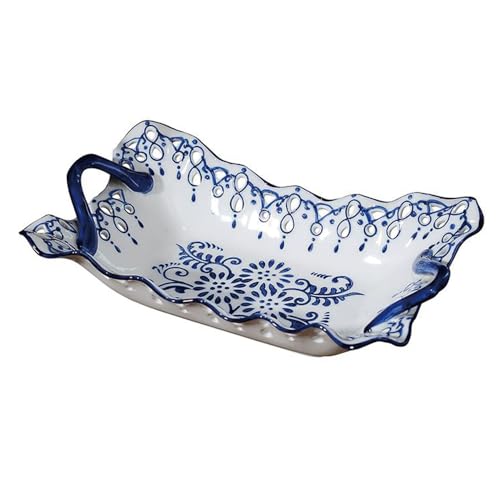 Hand Painted Fruit Basket Salad Bowls, Ceramic Decorative Serving Platters Dishes, Porcelain Fruit Storage Basket for Vegetable ,Snack, Dessert, Bread, Cake Tray Plate for Party Wedding Blue And White