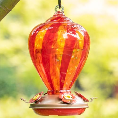 LaElvish Garden Hummingbird Feeder, 34OZ Hand Blown Glass Hummingbird Feeders for Outdoors Hanging, 4 Feeding Perch with Ant Moat Hook, Garden Yard Decor Gifts for Women Mom (Hot Air Balloon)