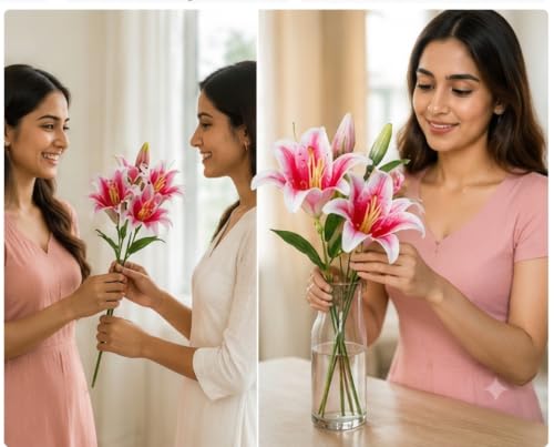 Image of CURATED CART 1 Pcs Lily Artificial Flowers Bunch for Home Decoration - Big Lily Bouquet for Home Decor - Real Touch Faux Latex Long Stem - Includes 2 Flowers and 1 Half Bloom Bud - Dark Pink