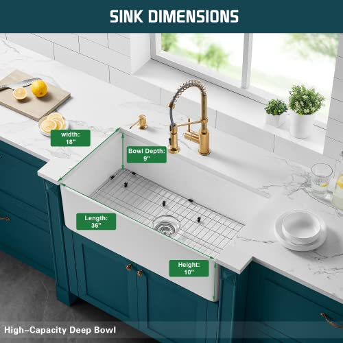 Lynnado Farmhouse Sink 36 Inch Fireclay Farm Kithen Sink Apron Sink Single Bowl With Bottom Grid In & Drain, White Color(Lydo3618W) #TOP3