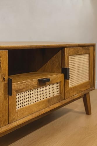 Image of Premium Solid Wood, 10 Minutes Assembly (Legs Only), Aesthetic Rattan Doors, Mid Century Entertainment Center for Living Room, TV Stand for 65 inch TV, Dark Chocolate (Light Honey With Drawar)