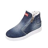 COPPEN Women Snow Boots Denim Zipper Thick Warm Winter Flat Round Toe Shoes, Dark Blue, 9